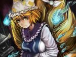  blonde_hair blue_fire dress fire fox_tail hands_in_sleeves hat hat_with_ears lide90 long_sleeves looking_at_viewer multiple_tails ofuda short_hair solo tabard tail touhou white_dress yakumo_ran yellow_eyes 