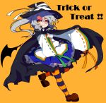  bat_wings cape halloween hat japanese_clothes kamome kariginu mononobe_no_futo orange_background pantyhose ponytail ribbon short_hair silver_hair skirt smile solo striped striped_legwear touhou trick_or_treat wide_sleeves wings witch_hat yellow_eyes 