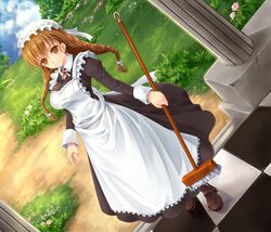  1girl apron big_sister_maid_(maoyuu) blush braid breasts broom brown_eyes brown_hair dress dutch_angle female grass hat large_breasts long_hair maid makirin maoyuu_maou_yuusha path sky smile solo twin_braids 