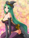  blush bow breasts cleavage costume elbow_gloves gloves green_eyes green_hair halloween hat highres kid_icarus kneeling kuroma_(atapi) large_breasts long_hair palutena solo thigh-highs thighhighs witch_hat 