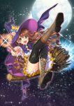  :d artist_name black_legwear boots bow briska broom brown_hair cross-laced_footwear full_moon green_eyes hat holding long_hair moon open_mouth original outstretched_arm signature sitting skirt sky smile solo sparkle star star_(sky) starry_sky thigh-highs thighhighs wand witch_hat 