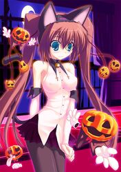  animal_ears bare_shoulders bell blue_eyes blush breasts brown_background cat_ears crescent_moon cross curtains detached_sleeves fake_animal_ears gloves jack-o&#039;-lantern jack-o'-lantern kokonobi long_hair magic_hand moon original pantyhose pumpkin skirt sleeveless sleeveless_shirt solo twintails very_long_hair white_gloves 