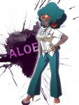  afro aloe_(pokemon) belt breasts character_name dark-skinned_female dark_skin dark-skinned_female english green_eyes green_hair gym_leader hairband hand_on_hip headband high_heels hips jyajya large_breasts lipstick makeup pants pokemon pokemon_(game) pokemon_black_and_white pokemon_bw shoes short_sleeves simple_background smile solo 