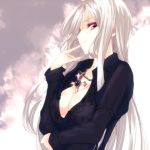 breasts chain chains cleavage collarbone copyright_request cross long_hair looking_at_viewer red_eyes silve silver_hair solo very_long_hair 