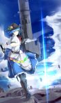  black_legwear blue_hair boots cloud clouds cross-laced_footwear food fruit hat highres hinanawi_tenshi lace-up_boots leaf open_mouth pantyhose peach puffy_sleeves red_eyes short_hair short_sleeves skirt sky sm5050 solo sword touhou weapon 