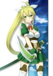  alternate_costume blonde_hair braid breasts cleavage green_eyes highres leafa long_hair ponytail solo sword sword_art_online thigh-highs thighhighs twin_braids uemukai_dai weapon 