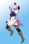  adapted_costume black_legwear blue_eyes blush braid cross-laced_footwear dei_shirou fingerless_gloves garter_belt garter_straps gloves highres izayoi_sakuya maid maid_headdress short_hair silver_hair smile solo thighhighs touhou twin_braids wrestling_outfit 