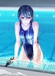  black_hair blue_eyes competition_swimsuit giba_(out-low) goggles goggles_removed highleg highleg_swimsuit highres looking_at_viewer one-piece_swimsuit original pool poolside ripples solo swimsuit wet 