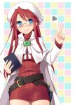  aty belt blue_eyes blush book cape glasses hat hazuki_(etcxetc) holding long_hair looking_at_viewer red_hair redhead smile solo summon_night summon_night_3 