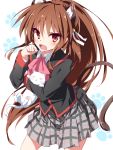  animal_ears bell brown_eyes brown_hair cat cat_ears cat_tail fang little_busters!! long_hair looking_at_viewer natsume_rin neo1031 open_mouth plaid plaid_skirt ponytail school_uniform skirt solo tail white_background 