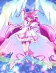  angel_wings antenna_hair bike_shorts blue_background boots choker cure_happy dress earrings highres hoshizora_miyuki jewelry long_hair magical_girl pink_dress pink_eyes pink_hair pointing precure princess_form_(smile_precure!) shorts_under_skirt smile smile_precure! solo sushineta tiara twintails wings wink 