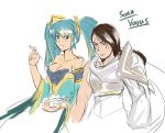  1boy 1girl alternate_costume aqua_hair blue_eyes breasts brown_hair cleavage facial_mark large_breasts league_of_legends long_hair nam_(valckiry) short_hair sona_buvelle twintails varus white_background yellow_eyes 