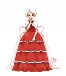  1girl bangs bow capelet dress food_themed_clothes full_body large_bow looking_at_viewer meago original parted_bangs personification red_dress red_eyes red_velvet_cake short_hair signature simple_background smile solo white_background white_hair 