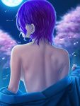  7/11_(fukuso) back bare_back breasts butterfly cherry_blossoms earrings from_behind full_moon jewelry moon off_shoulder petals purple_hair saigyouji_yuyuko short_hair sideboob solo touhou 