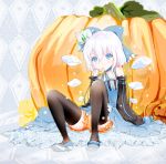  alternate_costume bare_shoulders black_legwear bloomers blue_dress blue_eyes bow cirno detached_sleeves dress floral_print flower frog frozen hair_bow hair_flower hair_ornament highres ice_flower jack-o&#039;-lantern jack-o'-lantern long_sleeves looking_at_viewer mary_janes popsicle pumpkin pumpkin_pants ribbon_choker shoes short_hair silver_hair sitting solo spread_legs thigh-highs thighhighs touhou upskirt wide_sleeves wings yamada_ranga 