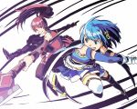  battle blue_eyes blue_hair bow cape gloves grin hair_bow long_hair magical_girl mahou_shoujo_madoka_magica miki_sayaka multiple_girls polearm ponytail red_eyes red_hair redhead sakura_kyouko short_hair skirt smile spear sword weapon 