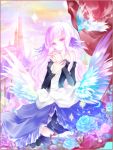  bird blue_rose castle curtains detached_sleeves flower gwendolyn hair_down hair_ornament jewelry long_hair no_nose odin_sphere pink ring rose silver_hair sky solo souka_(souspirit) white_hair wings wrist_grab 