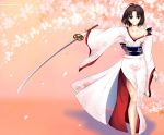  absurdres ahoge bare_legs barefoot blossoms breasts brown_eyes brown_hair cherry_blossoms cleavage highres japanese_clothes kara_no_kyoukai katana kimono off_shoulder ryougi_shiki short_hair solo sword thighs wallpaper weapon zhou_siwei 