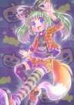  :d animal_ears blue_eyes blush bow fang fox_ears fox_tail green_hair hair_bow long_hair looking_at_viewer mismatched_legwear open_mouth original print_legwear renaoka smile solo star_print striped striped_legwear tail thigh-highs thighhighs twintails 