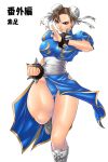  boots bracelet breasts brown_eyes brown_hair bun_cover china_dress chinese_clothes chun-li double_bun earrings jewelry judge_martin legs no_legwear short_hair solo spiked_bracelet spikes standing street_fighter thighs 