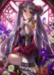  bare_shoulders blurry book copyright_request detached_sleeves double_bun flower glasses gunryuu_sangoku-den hair_flower hair_ornament holding long_hair looking_at_viewer pisuke silver_hair sitting smile solo twintails very_long_hair yellow_eyes 
