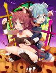  animal_ears bare_shoulders blue_eyes blue_hair blush bolt collar cross detached_sleeves halloween hetaling jack-o&#039;-lantern jack-o'-lantern long_hair looking_at_viewer mahou_shoujo_madoka_magica miki_sayaka multiple_girls red_eyes red_hair redhead sakura_kyouko shin_(hetaling) short_hair shorts sitting solo window 