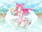  bare_shoulders clouds cure_dream cure_fleuret detached_sleeves dress feathers hair_rings holding long_hair magical_girl minazuki_randoseru pink_eyes pink_hair precure reflection sitting sky smile solo sword weapon white_wings wings yes!_precure_5 yumehara_nozomi 