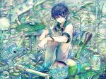  black_hair goggles goggles_around_neck irorico male original pipes plant smile tank_(container) water 