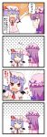  4koma ascot bat_wings blue_hair brooch capelet closed_eyes comic crescent dress eyes_closed fang food food_on_face hand_on_head hat hat_ribbon jewelry kimineri long_hair long_sleeves multiple_girls open_mouth patchouli_knowledge petting pink_dress purple_eyes purple_hair red_eyes remilia_scarlet ribbon short_hair short_sleeves smile touhou translated translation_request violet_eyes wings 