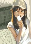  aqua_eyes aro_(charged_time_out) baseball_cap brown_hair hat holding long_hair looking_away open_mouth original popsicle solo 