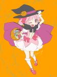  :3 bucket candy cloak hat kaname_madoka ko_ru_ri mahou_shoujo_madoka_magica open_mouth pink_eyes pink_hair rough simple_background skirt smile solo trick_or_treat wink witch_hat 