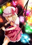  absurdres artist_request ascot blonde_hair bow flandre_scarlet hat hat_ribbon highres mikoma_sanagi polearm red_eyes ribbon short_hair skirt smile solo spear touhou weapon wings 