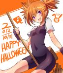  1girl 2012 arai_nobu blush dated earrings english fingerless_gloves gloves halloween happy_halloween jewelry matilda_matisse note open_mouth purple_eyes shaman_king short_twintails solo thigh-highs twintails violet_eyes 