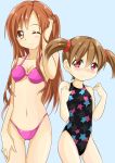  asuna_(sao) bikini black_swimsuit brown_eyes brown_hair competition_swimsuit long_hair multiple_girls one-piece_swimsuit pink_bikini pink_swimsuit red_eyes short_hair short_twintails silica star_print swimsuit sword_art_online tsukasa_0913 twintails wink 