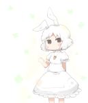  alternate_color alternate_hair_color animal_ears blush blush_stickers brown_eyes bunny_ears carrot clenched_hand cowboy_shot dress fist frown inaba_tewi inishie jewelry looking_at_viewer necklace puffy_sleeves rabbit_ears short_hair simple_background solo standing touhou white_background white_hair 
