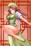  bare_legs beret blue_eyes bow braid breasts chinese_clothes fighting_stance hair_bow hat hong_meiling leg_lift long_hair red_hair redhead satorisu shoes side_slit smile solo touhou twin_braids 