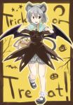  animal_ears basket bat_wings black_dress black_gloves bloomers brown_eyes candy capelet dress fang frame gloves grey_hair halloween halloween_costume highres jewelry mary_janes mouse_ears mouse_tail nazrin open_mouth pendant sape_(saperon_black) shoes short_hair smile solo tail touhou trick_or_treat wings 