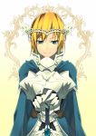  armor blonde_hair blue_eyes cape gauntlets highres holding looking_at_viewer original short_hair solo sword touryou weapon 