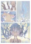  aqua_hair comic digital_dissolve feathers hatsune_miku long_hair looking_at_viewer madyy mouth_hold red_eyes solo translation_request twintails vocaloid 