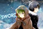  1girl argo_(sao) argo_the_rat back-to-back black_hair brown_eyes cloak coat green_hair grey_eyes kirito shindo snow sword_art_online 