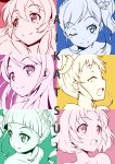  aikatsu! arisugawa_otome blush chomo_(asymmate) collarbone copyright_name curly_hair drill_hair hair_ornament hair_ribbon highres hoshimiya_ichigo kiriya_aoi kitaouji_sakura long_hair multiple_girls open_mouth ponytail ribbon shibuki_ran short_hair side_ponytail simple_background smile toudou_yurika twin_drills twintails wink 