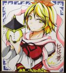  black_hair blonde_hair bust jeweled_pagoda multicolored_hair reiha_(penetrate) shawl shikishi short_hair smile solo toramaru_shou touhou traditional_media two-tone_hair yellow_eyes 