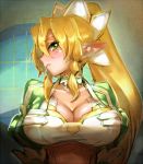  blonde_hair bow_(bhp) breasts bust cleavage green_eyes large_breasts leafa long_hair pointy_ears ponytail solo sword_art_online 