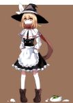  60mai adapted_costume alternate_hair_length alternate_hairstyle apron black_dress blonde_hair boots capelet dress hands_on_hips hat hat_ribbon kirisame_marisa long_sleeves looking_at_viewer pigeon-toed ribbon scarf short_hair smile snow_bunny solo touhou waist_apron witch_hat yellow_eyes 