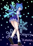  blue_eyes blue_hair cirno kabaji looking_at_viewer looking_back merry_christmas short_hair skirt smile snowflakes solo touhou 