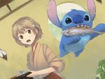  brown_eyes brown_hair crossover disney dutch_angle fish hanasaku_iroha japanese_clothes kanokoga lilo_&amp;_stitch matsumae_ohana pun short_hair stitch_(lilo_&amp;_stitch) tray waitress 