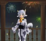  aerial_fireworks animal_ears bell bell_collar blush breasts collar cow_bell cow_ears cow_girl cow_print cow_tail drawfag fireworks green_eyes holstaurus horns impossible_clothes japanese_clothes kimono large_breasts monster_girl monster_girl_encyclopedia obi railing short_hair silver_hair tail 