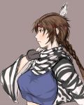  alternate_costume blush braid breasts brown_hair crop_top crown_t_celsior feathers fingerless_gloves gloves headband headdress highres large_breasts lips long_hair michelle_chang namco native_american_headdress red_eyes scarf single_braid solo tekken tekken_2 tekken_tag_tournament tekken_tag_tournament_2 zebra_print 