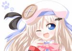  bat blonde_hair blue_eyes bow hair_ornament hairclip hat kagerou_(kers) little_busters!! noumi_kudryavka open_mouth school_uniform smile solo wink 