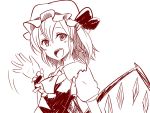  ascot breasts bust fang flandre_scarlet hat miyo_(ranthath) monochrome open_mouth short_hair sideboob smile solo touhou waving wings 